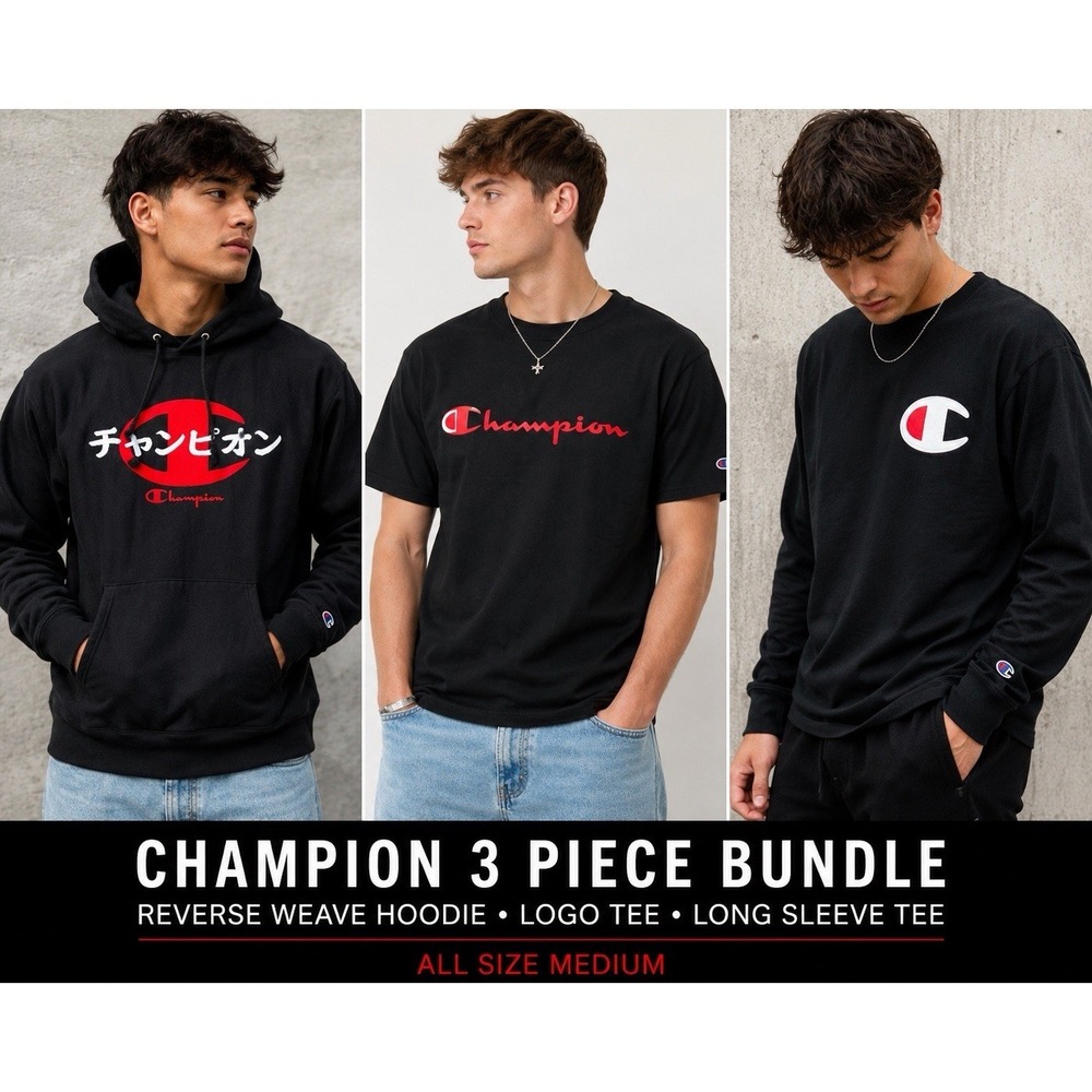 Champion 3 Pc Bundle M Reverse Weave‎ Hoodie Logo Tee Long Sleeve Streetwear